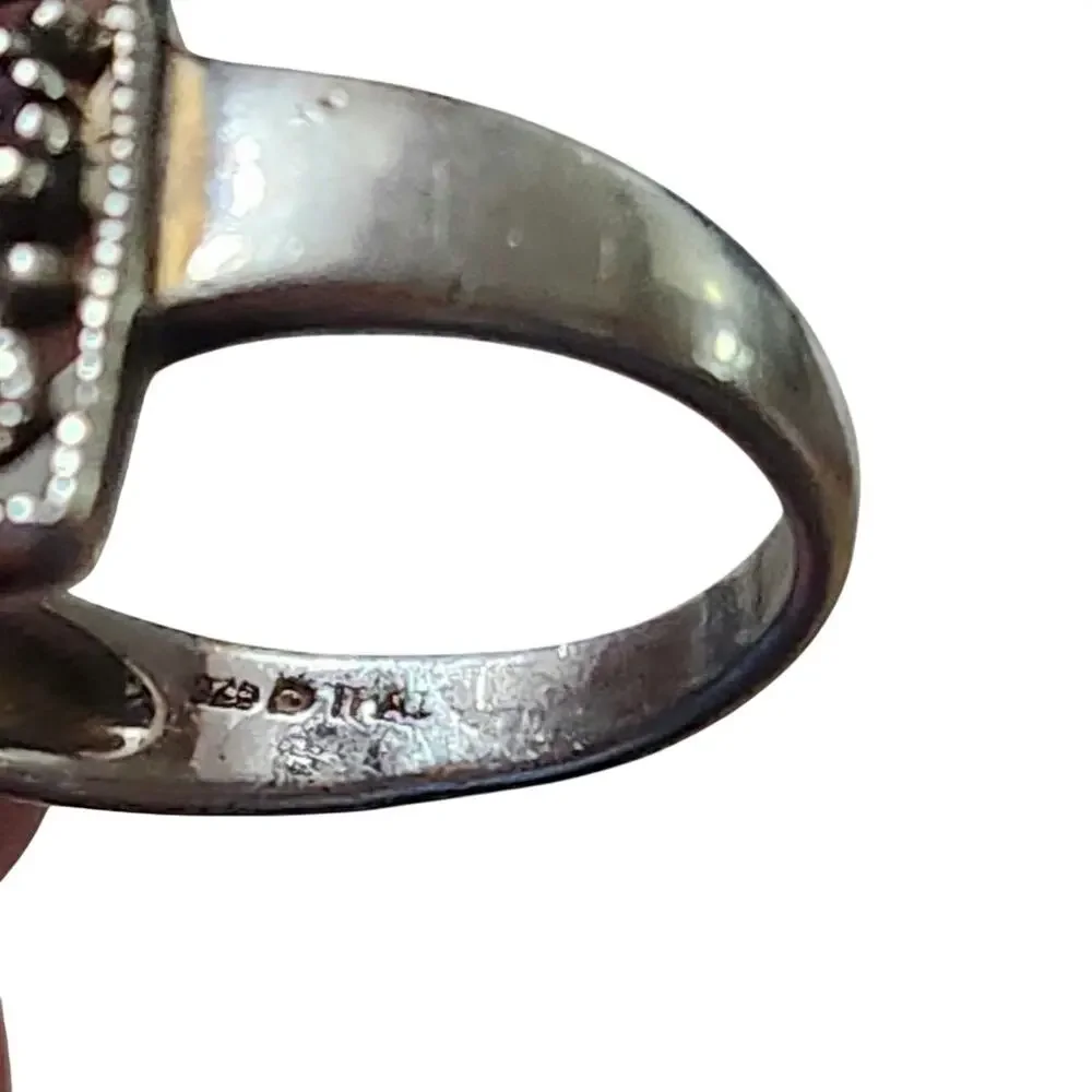 Vtg Thai 925 Sterling Silver Garnet Marcasite Art Deco Statement Ring Sz 9.25